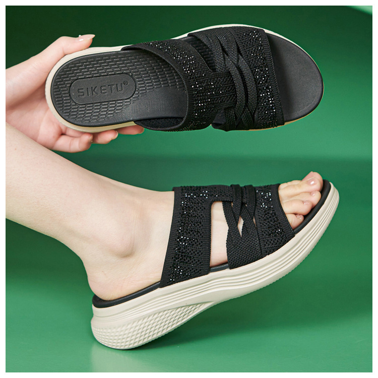 Dép sandal nữ xỏ ngón đế bệt đính đá lấp lánh — màu nâu, màu đen, xanh lam, màu mơ chi tiết 20