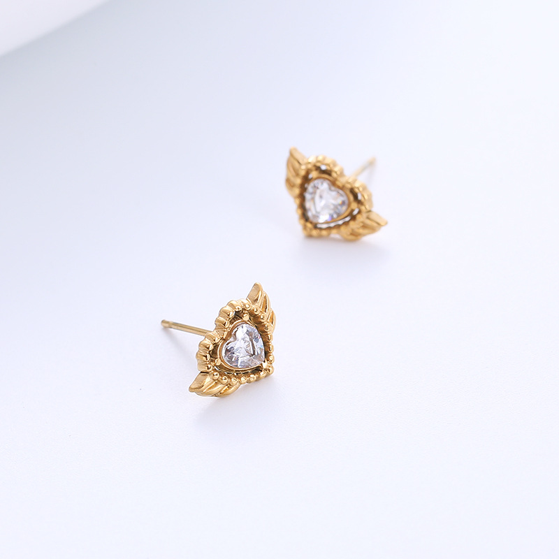 Fashion Heart Shape Wings Titanium Steel Earrings Inlaid Zircon Stainless Steel Earrings