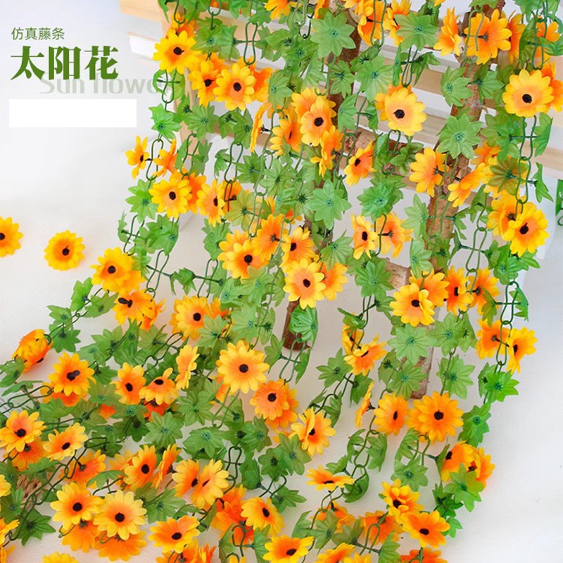 Artificial sunflower vine, faux sunflower flower vine, decorative floral strips for indoor wall mounting and air conditioner duct concealment