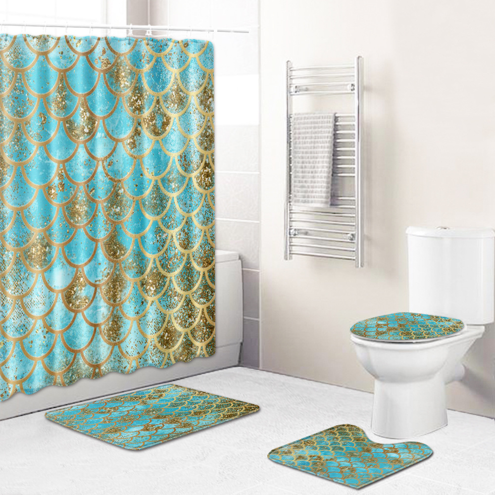 个性鱼鳞鱼纹家居地垫地毯浴帘卫生间四件套亚马逊货源一件代发