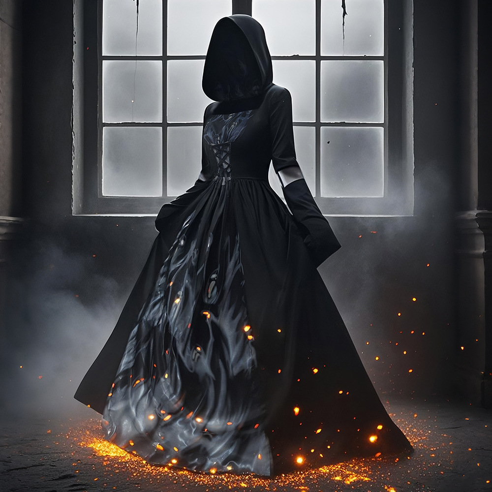 2025 New Halloween Witch Dress Hooded Skeleton Witch Mage Cosplay Stage Performance Costume