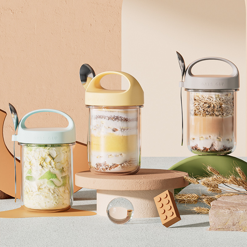 Taza de yogur de vidrio gran boca sellada taza de avena durante la noche taza de batido taza de cereales con cucharas taza de desayuno de cereales