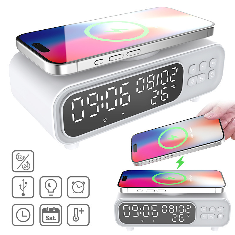 Mobile Phone Wireless Charging Bedside Clock/Alarm Clock Display Time Temperature Bedside Night Light Desktop Wireless Charging