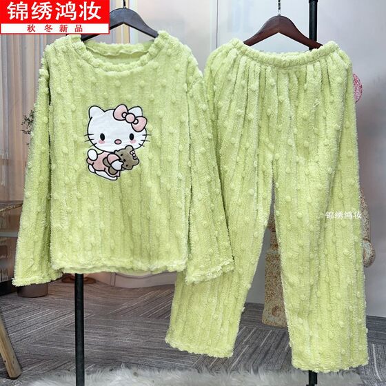 Pajamas Women's Autumn and Winter fleece-lined Thickened Coral Fleece Home Clothes Cartoon Cute Hello Kitty Warm suit Can Wear