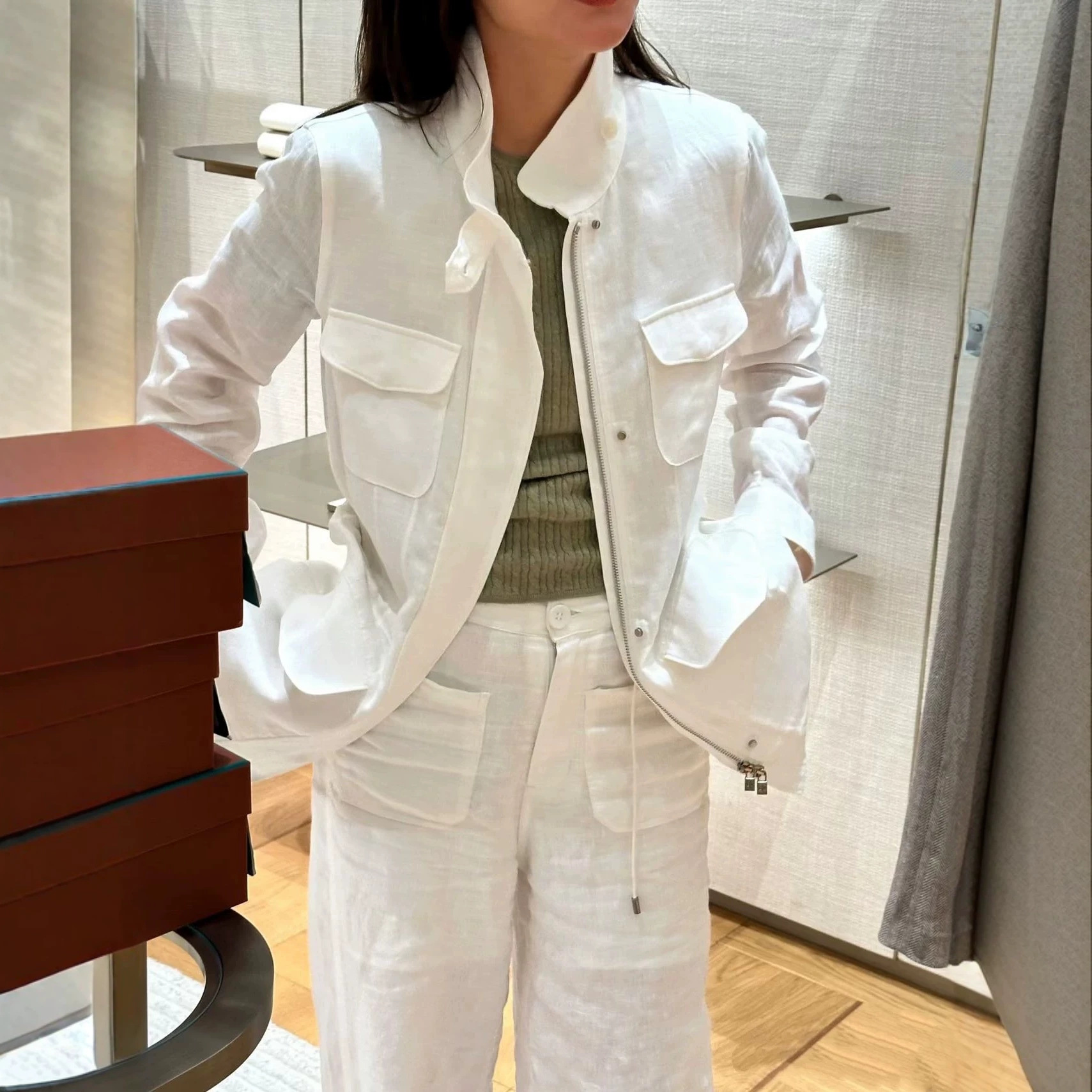 Italian luxury LP ~ 100% Rain Dew Linen ~ Traveler's Slim Fit Workwear Drawstring Jacket (Old Money)