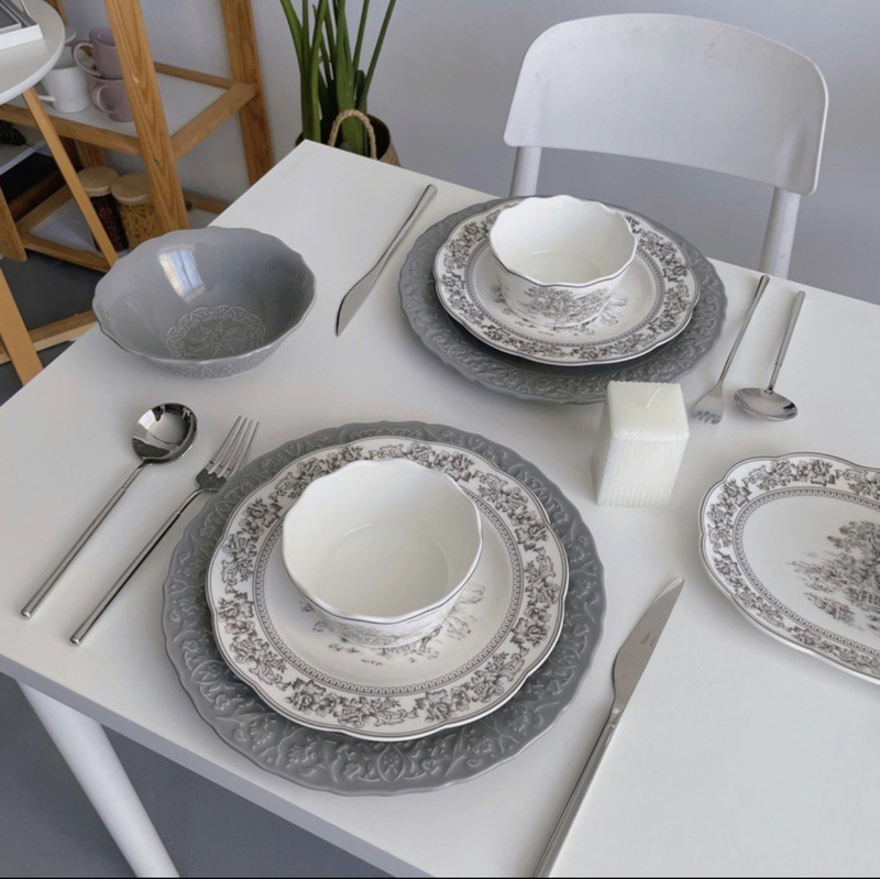 Paiyi French Retro Gray Ceramic Tableware Bowl and Plate Set Rice Bowl Soup Bowl Fish Plate Gift Box Packaging Round Dishes