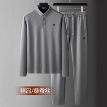 精品桑蚕丝休闲运动套装男春秋宽松翻领中年爸爸男士秋季两件套