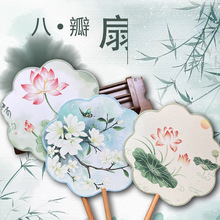 中国风广告宫廷扇 八瓣扇榉木柄流苏扇 中长柄古风扇子绸布扇子