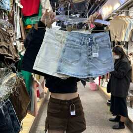 档口实拍图片新高腰A字牛仔短裤女辣妹显瘦高腰提臀紧身热裤3619