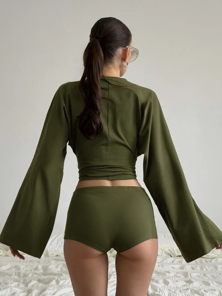 Áo thun nữ dệt kim dài tay cánh dơi dáng ngắn chiết eo xếp ly phong cách công sở — Màu hồng, Màu kaki, Màu trắng, Xanh tím than chi tiết 27