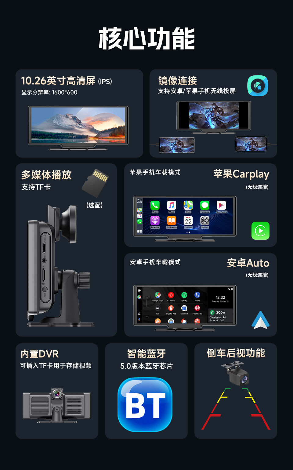 10.26inch Portable Wireless Carplay with Dash Cam Camera and Car Bluetooth Mp5 Player