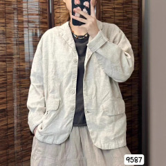 秋季新品韩版宽松复古亚麻砂洗做旧西服外套百搭休闲上衣女