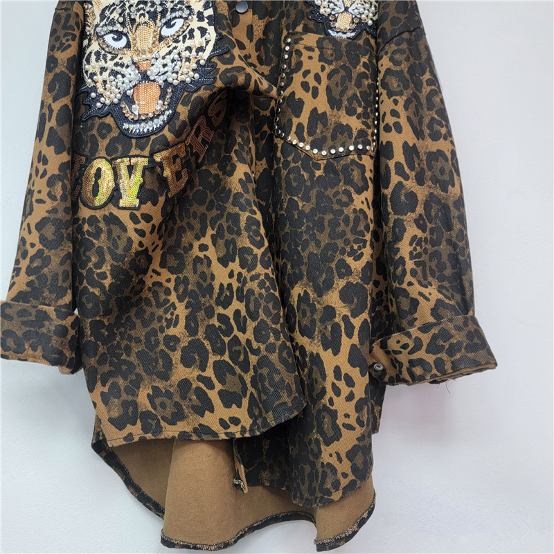 Camisa Suelta con Estampado de Leopardo de Poliéster con Cuentas y Manga Larga para Otoño