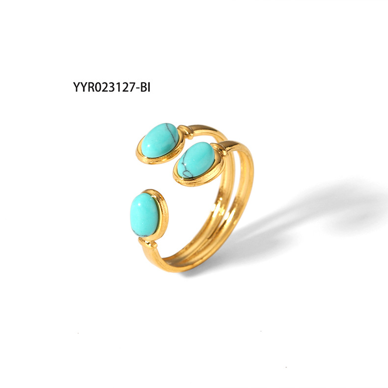 304 Stainless Steel 18K Gold Plated Retro Irregular Plating Inlay Water Droplets Turquoise Open Rings display picture 4
