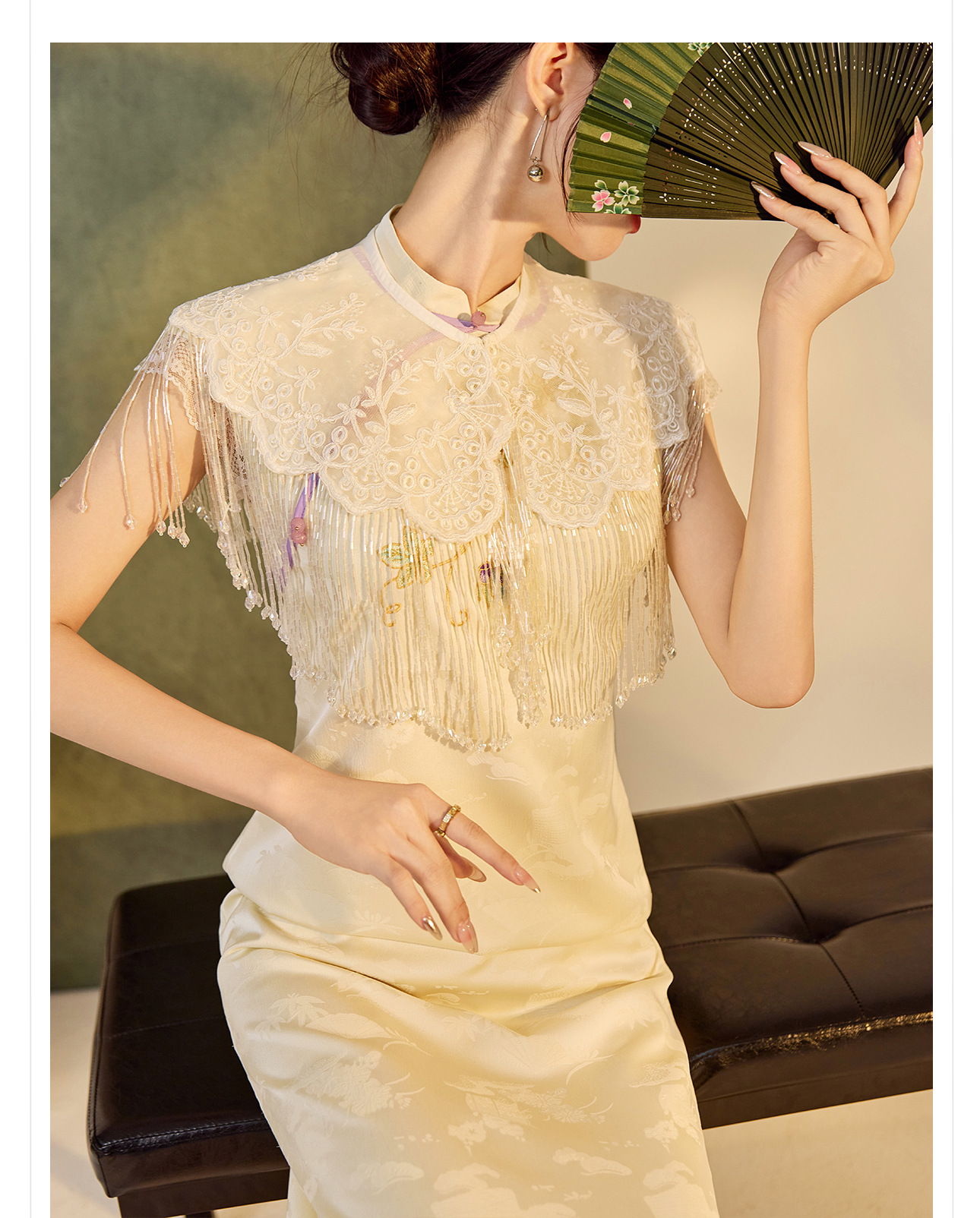 Đầm tay phồng cổ đứng phong cách Trung Hoa mùa hè, sườn xám thêu cải tiến cao cấp — Màu trắng, Màu mơ chi tiết 9