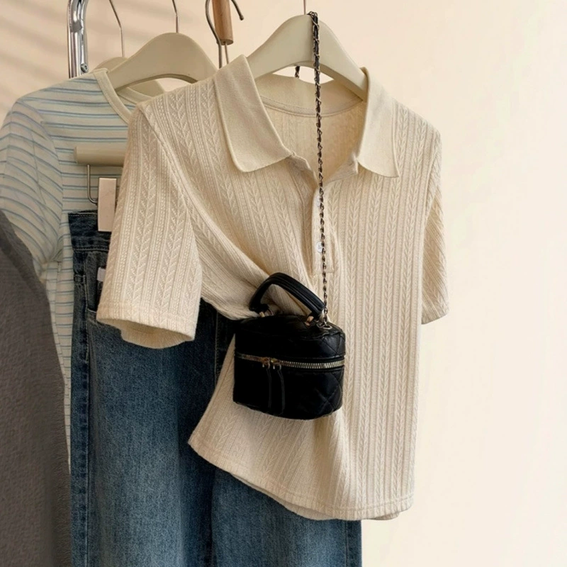 Сплошная рубашка поло из ледяного шелка трикотажная футболка с короткими рукавами женская летнее лето 2025 новый взрывной топ с половинным рукавом