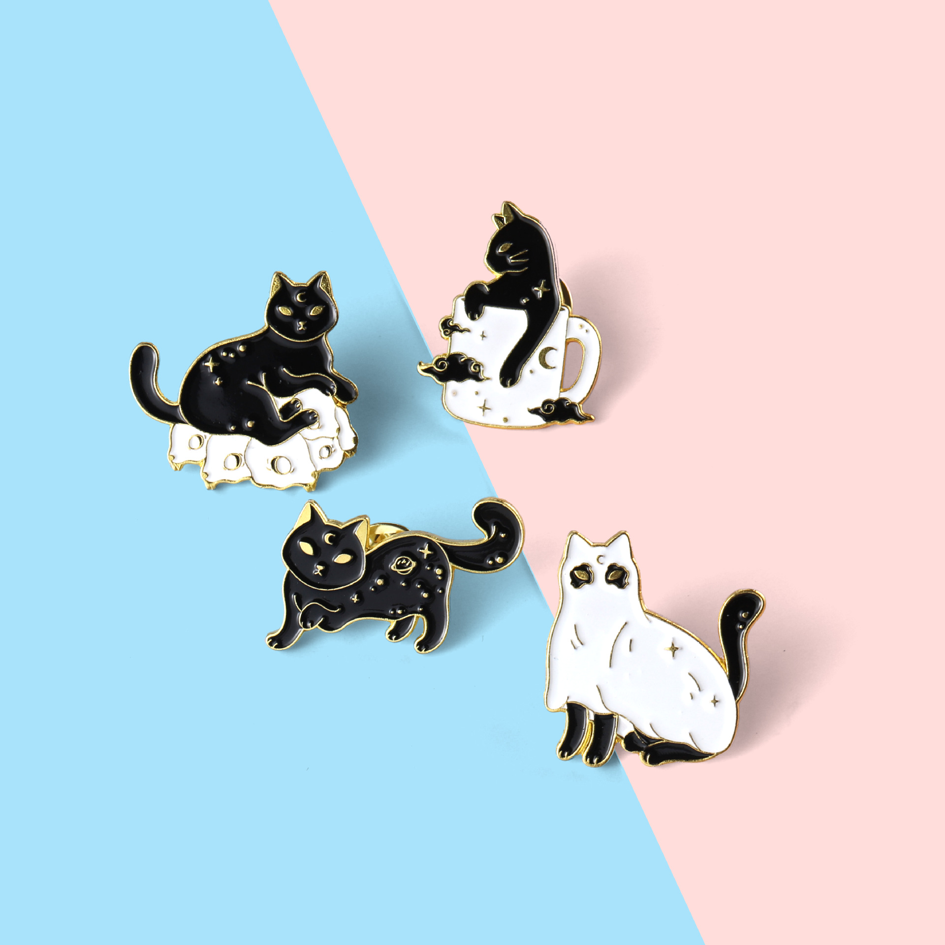 New Alloy Animal Brooch Creative Cartoon Cute Black And White Cat Shape Paint Brooch Clothing Accessories display picture 6