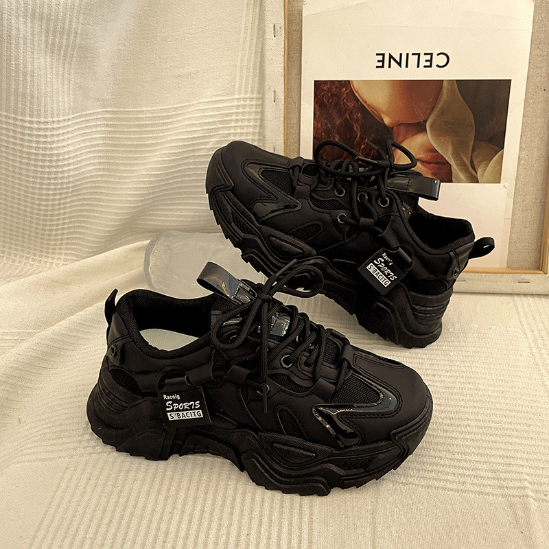 新品老爹鞋女新品潮冬季新款百搭厚底运动休闲黑色鞋子女卡其平面