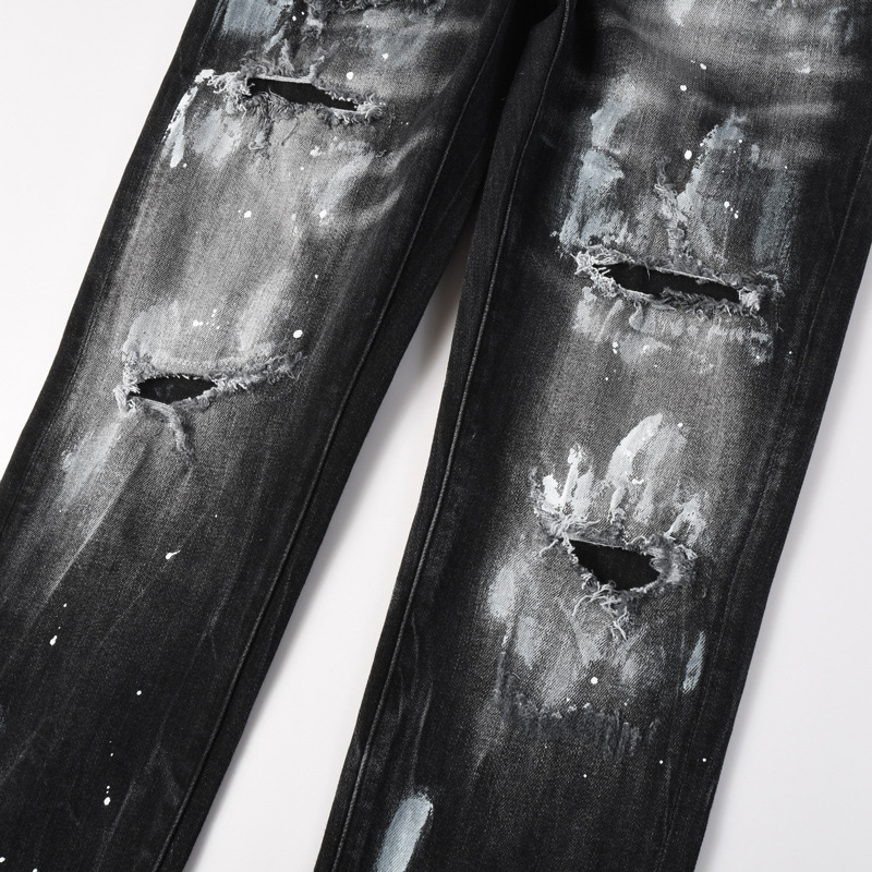 Men's Distressed Slim Fit Jeans Black Grey Washed Denim Pants with Paint Splatter And Knee Rips Streetwear Skinny Trousers_mkmklike.com
