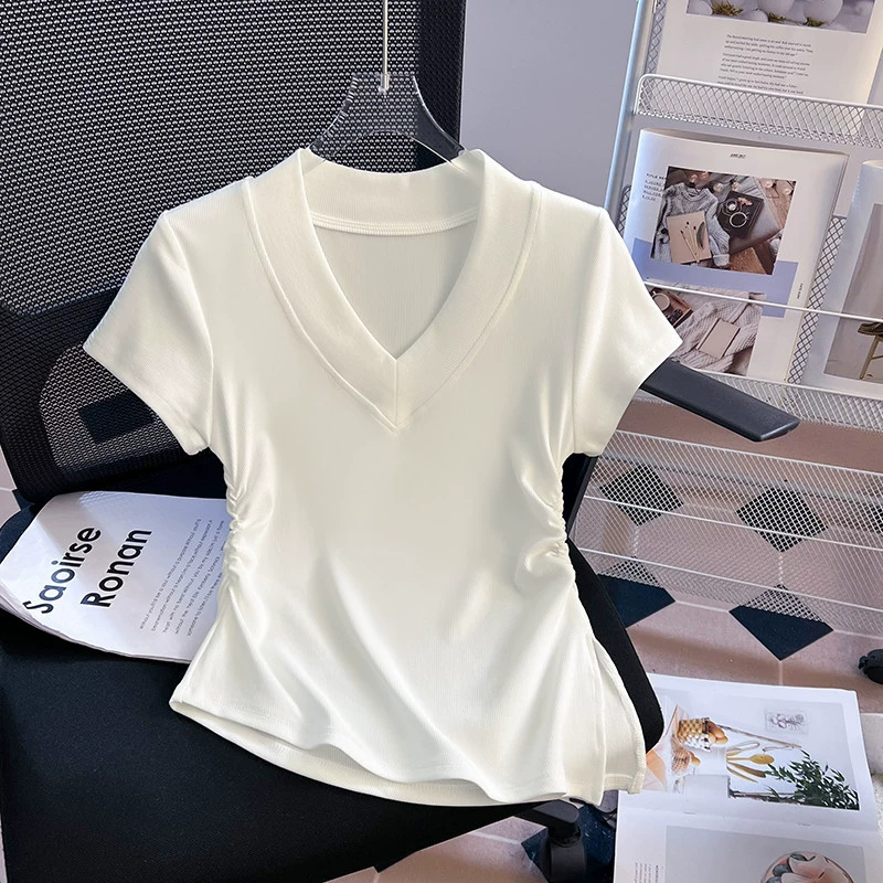 YS8 реальный снимок 2025 новый летний стиль v-образный вырез короткий рукав хлопковая футболка с боковыми складками и разрезом женская майка