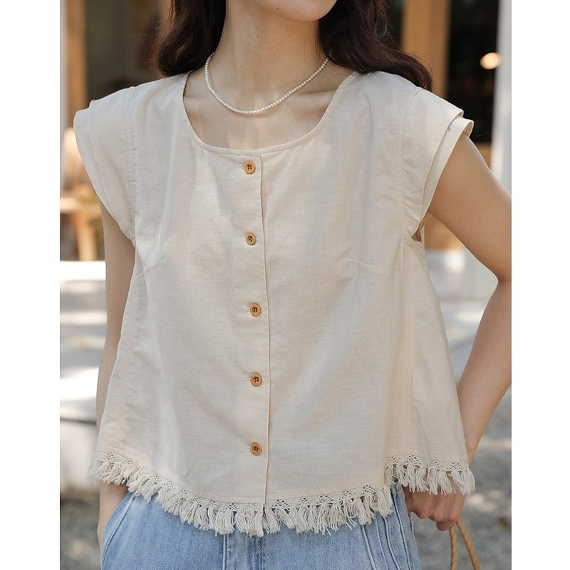 Tyrande Summer/Tassel Hem Small Flying Sleeve Shirt Top Women's Sleeveless Sling Shirt
