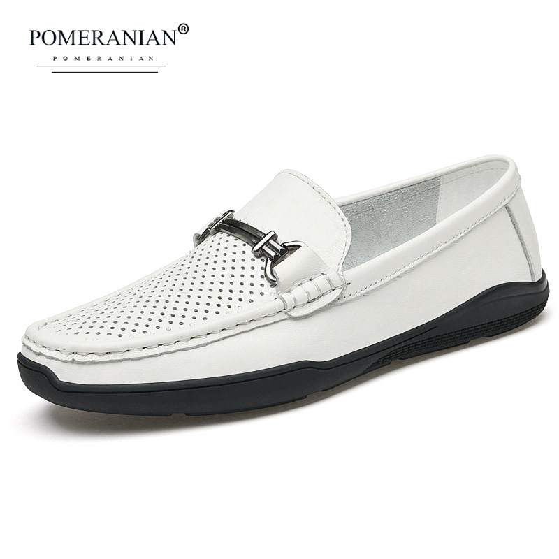 小码37大码45 46头层牛皮冲孔白色驾车司机鞋男马衔扣镂空真皮潮