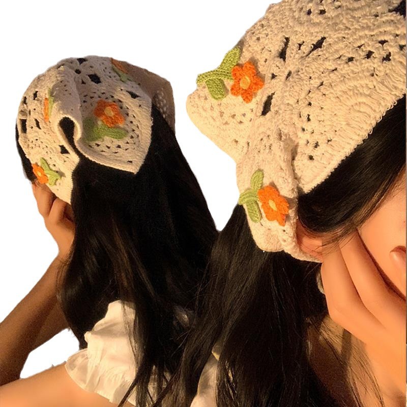 Pañuelo de punto de estilo pastoral beige, bufanda triangular, mujer, Baotou, playa francesa, linda diadema, tocado 2024 nuevo