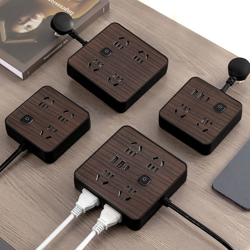 多功能创意 插座三插头长线可收纳木纹复古插排家用宿舍办公多孔