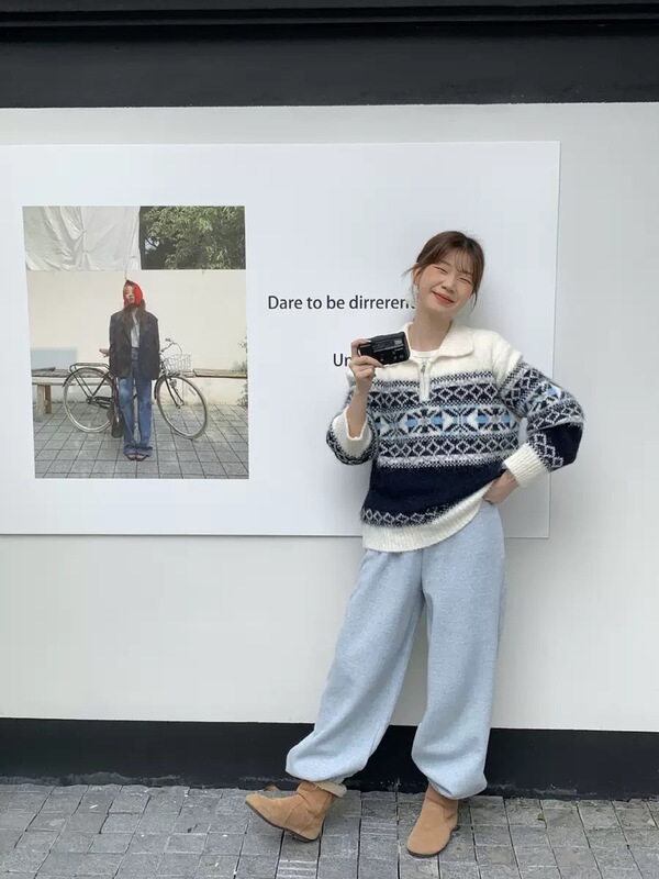复古费尔岛半拉链翻领套头毛衣女2025秋冬新款韩系宽松软糯针织衫|undefined