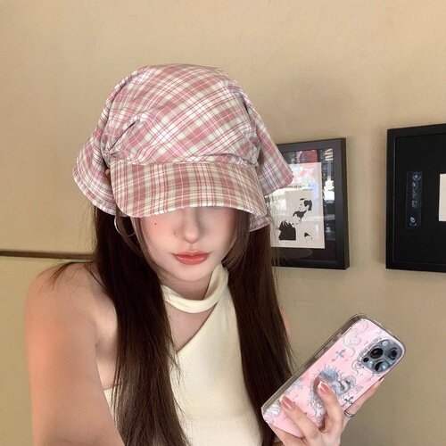 Korean niche pink plaid triangle scarf headband women summer headscarf baseball cap sweet sun protection hat