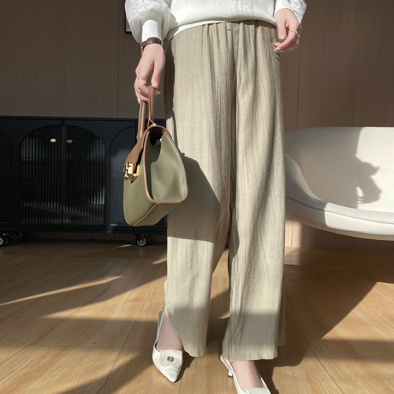 Cross-Border 2025 Summer New Ice Silk Cotton Linen Casual Pants for Women, Solid Color High-Waisted Drapey Pleated Wide-Leg Long Pants for Summer