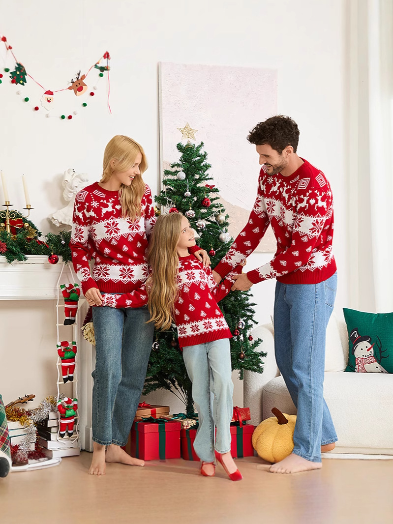 Suéter de punto de cuello redondo casual europeo y americano transfronterizo Navidad para padres e hijos otoño e invierno suéter jacquard de alce navideño de manga larga