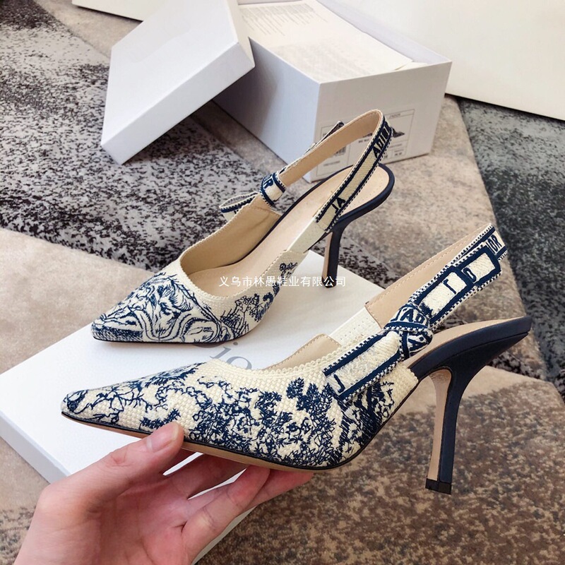 High-Heeled Shoes with Embroidered Letters and Bow, Cat Heel, Knitted Striped Pointed Toe, Shallow Backless Sandals for Women