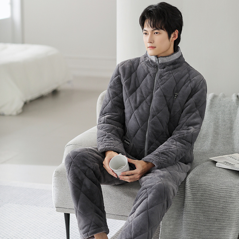 (2개) 제조사 겨울 신상품 재고 직판, 남성용 누빔 잠옷, 따뜻하고 편안함, 라운드 넥 가디건, 가정복, 야외에서 착용 가능