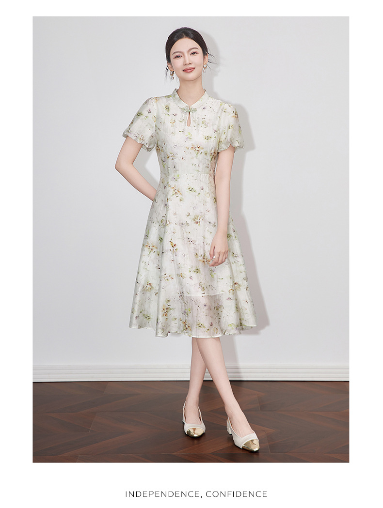 Váy liền maxi in họa tiết sườn xám phong cách Trung Quốc, chất liệu lanh pha sợi, tôn dáng — Màu tím chi tiết 12
