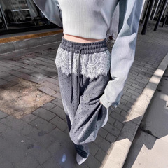 蕾丝拼接波点灰色阔腿裤女春秋新款高腰直筒宽松垂感休闲裙裤拖地