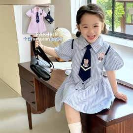 中小童蓝/粉色连衣裙 学院风棉柔条纹衬衫领带夏季短袖女童连衣裙