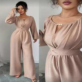 夏季休闲卡其色褶皱面料露肩串珠腰带纽扣和系带设计长款连体衣