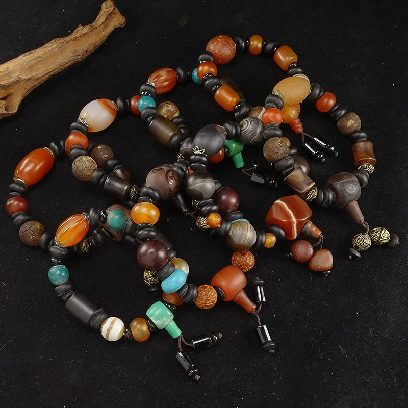 5A натуральный старый шелковый агат, бирюза, сандаловое дерево, трехсторонние круглые бусины в форме дыни, старый тип dzi, многокаменный браслет из необработанного камня, древний браслет из бисера