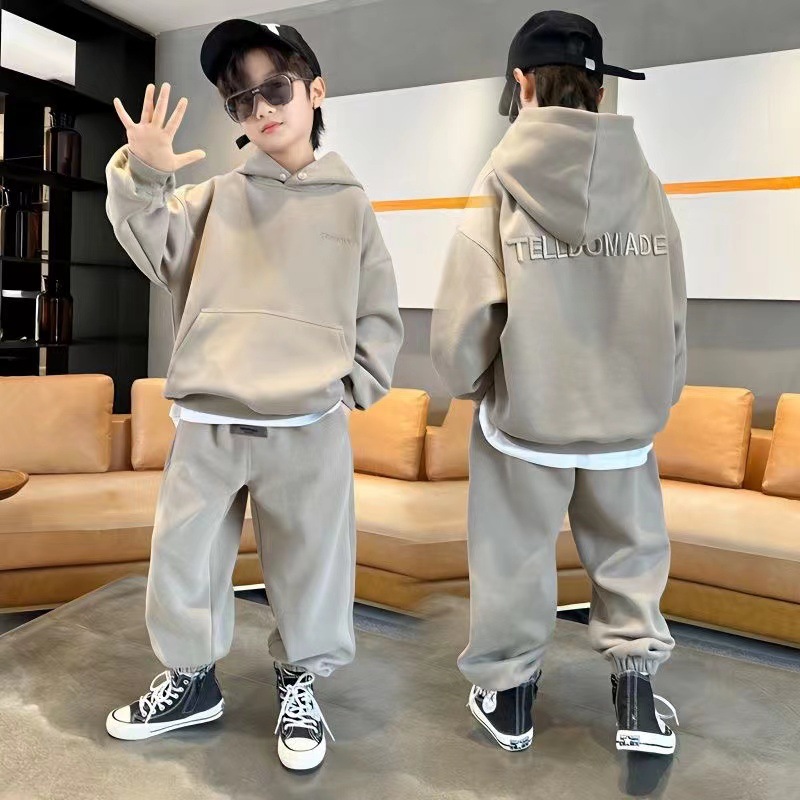 Children's Fashion Letter Casual Hooded Sweater Pants for Big Boys Loose Long sleeved Top and Leggings Set_voghion.com