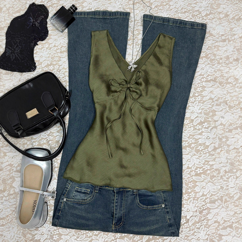 French-Style Lazy V-Neck Tie Bow Fresh Top Slim-Fit Sexy Tank Top