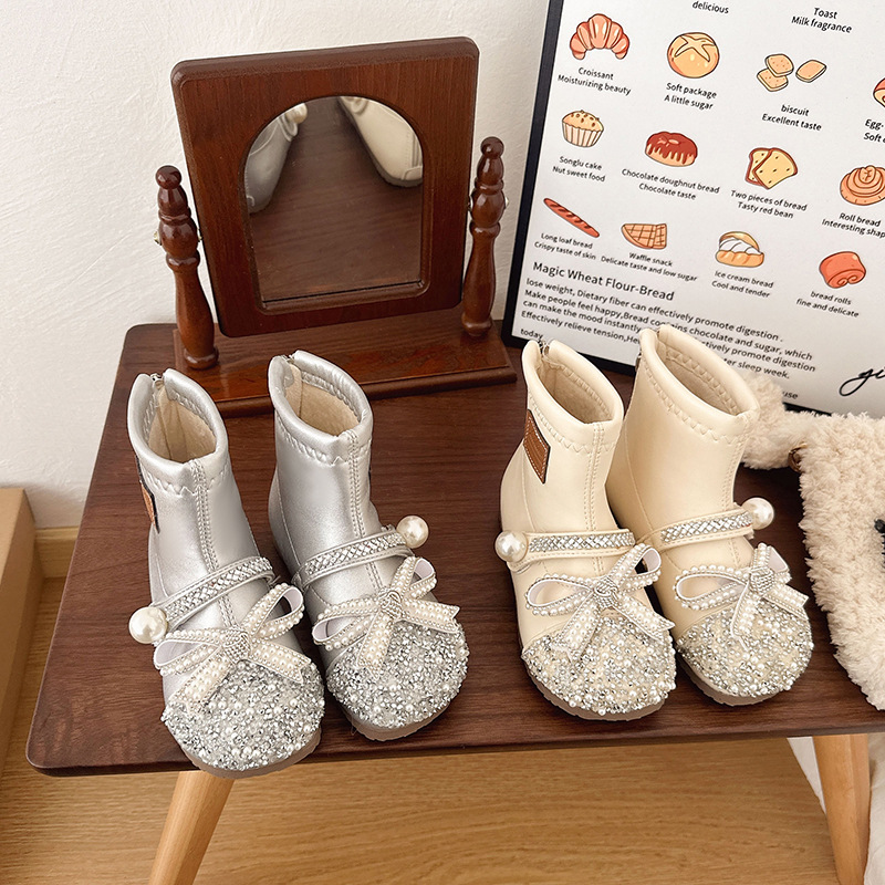 Girls' Fleece Boots 2025 New Winter Kidsren's Short Boots Crystal Princess Boots Girls' Cotton Warm Boots