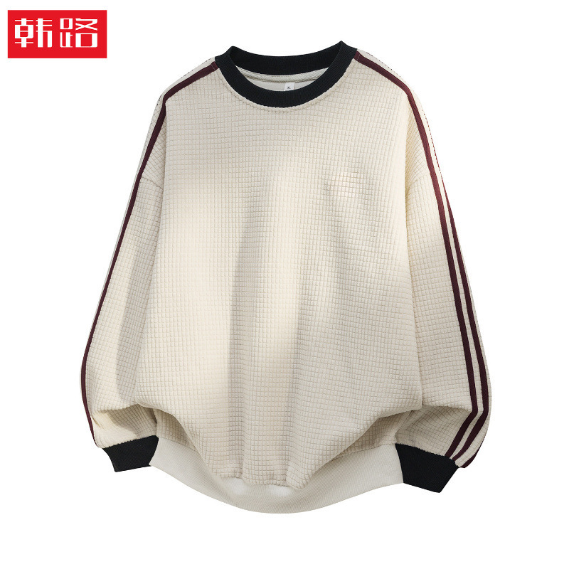 Han Lu | Color-Blocking Casual Sports Sweatshirt for Men, Autumn American Retro Heavyweight Crew Neck Waffle Pullover Q Han Lu | Color-Blocking Casual Sports Sweatshirt for Men, Autumn American Retro Heavyweight Crew Neck Waffle Pullover Q