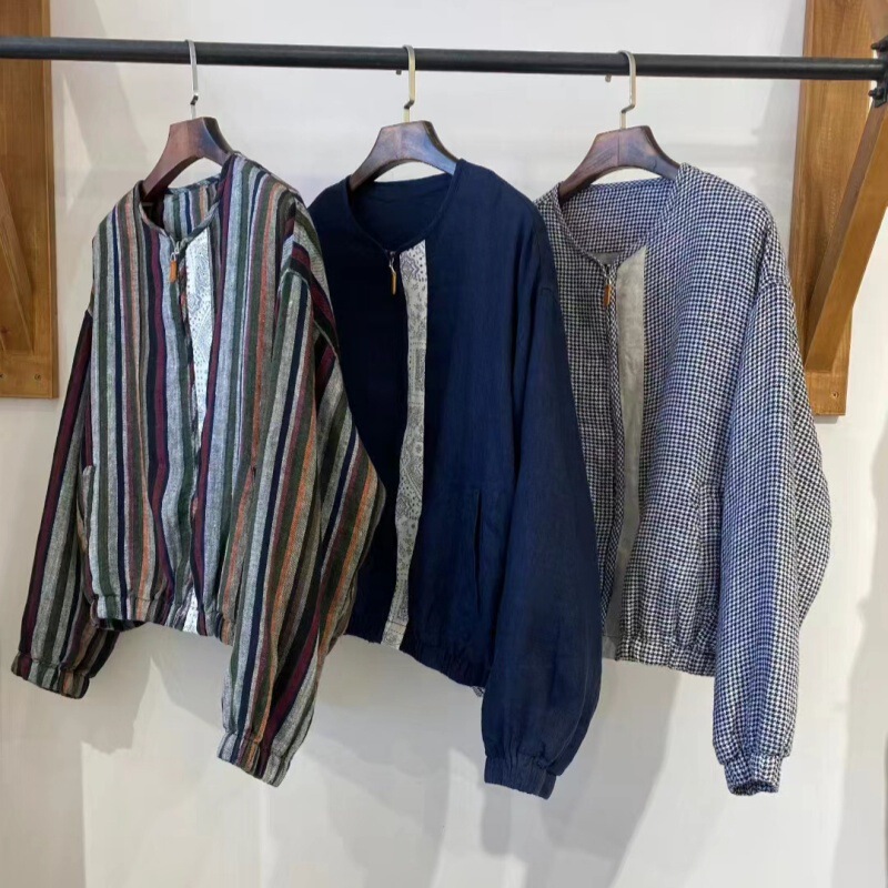 Vintage Artistic Linen Jacket for Women, Autumn New Style, Blue and White Porcelain Patch, Loose and Versatile Niche Jacket Top