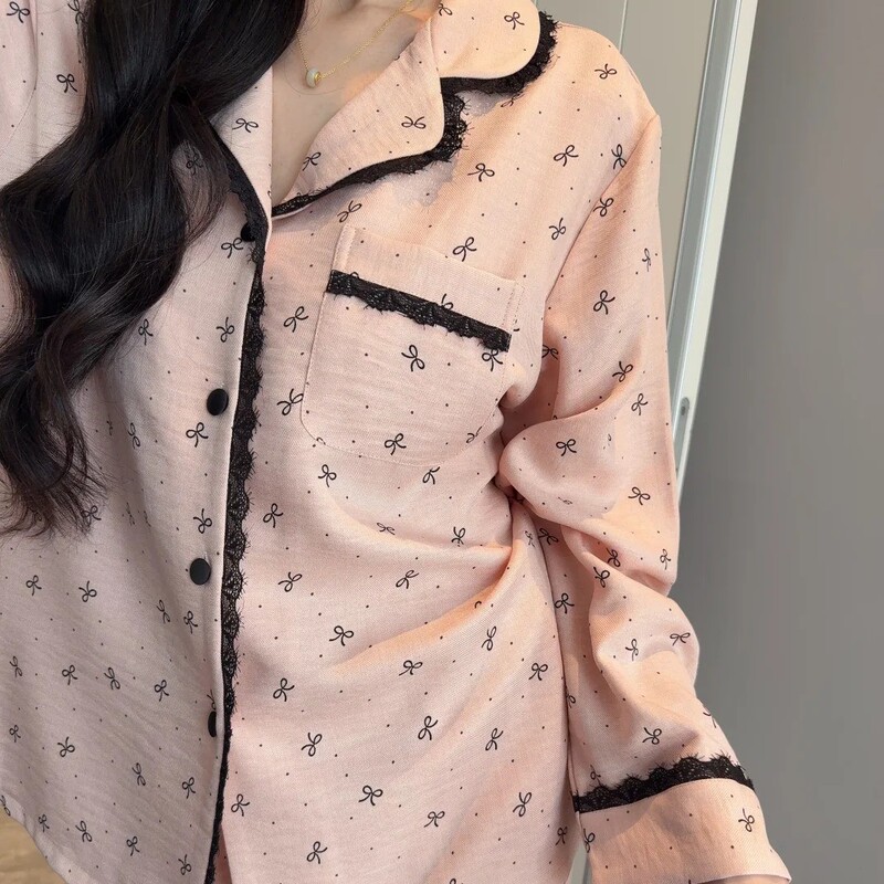 Korean Style Bow-Knot High-End Pajamas for Women, Spring and Autumn Cardigan, Lapel Lace Suit, Casual Home Wear for Girls Korean Style Bow-Knot High-End Pajamas for Women, Spring and Autumn Cardigan, Lapel Lace Suit, Casual Home Wear for Girls