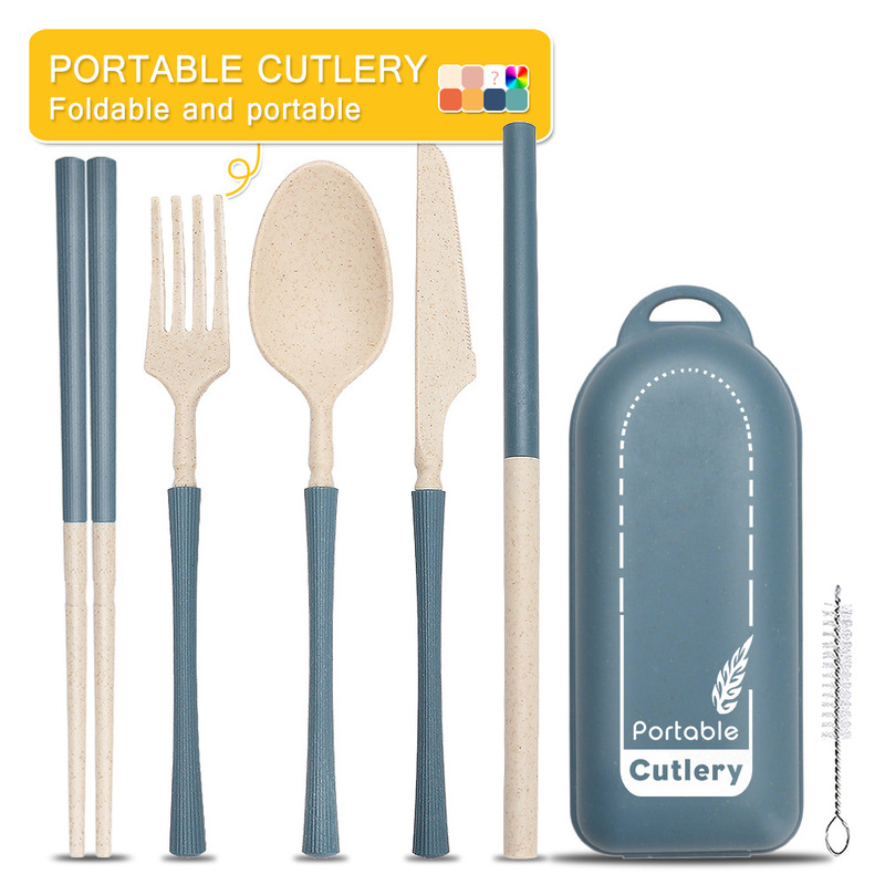 Cross-border Wheat Straw Tableware Set Portable Folding Knife Fork Spoon Chopsticks Beverage Straw Student Tableware Set Gift