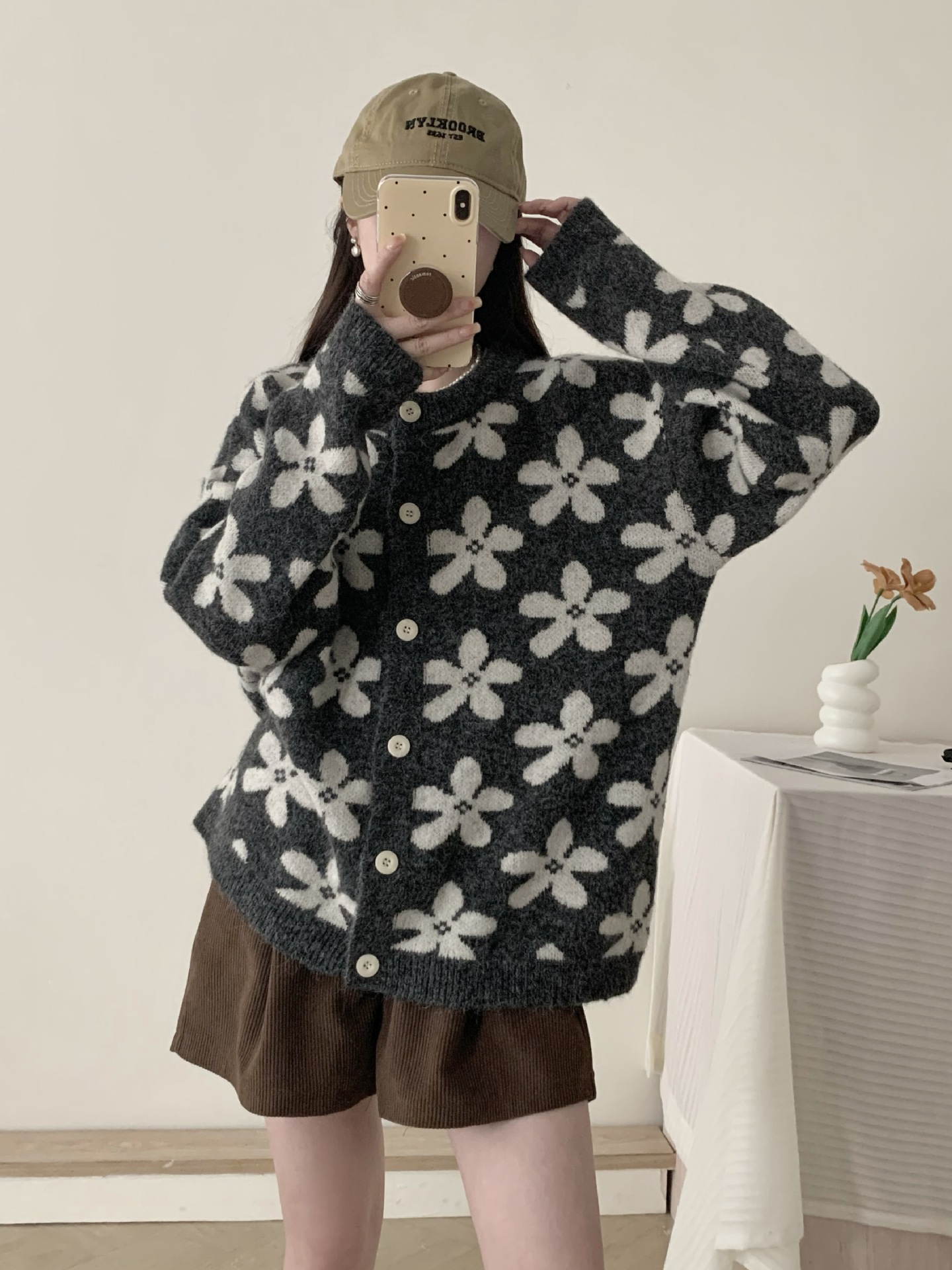 24 Dongpuyuan bk flor retro coreana jacquard cardigan de cuello redondo abrigo 2024