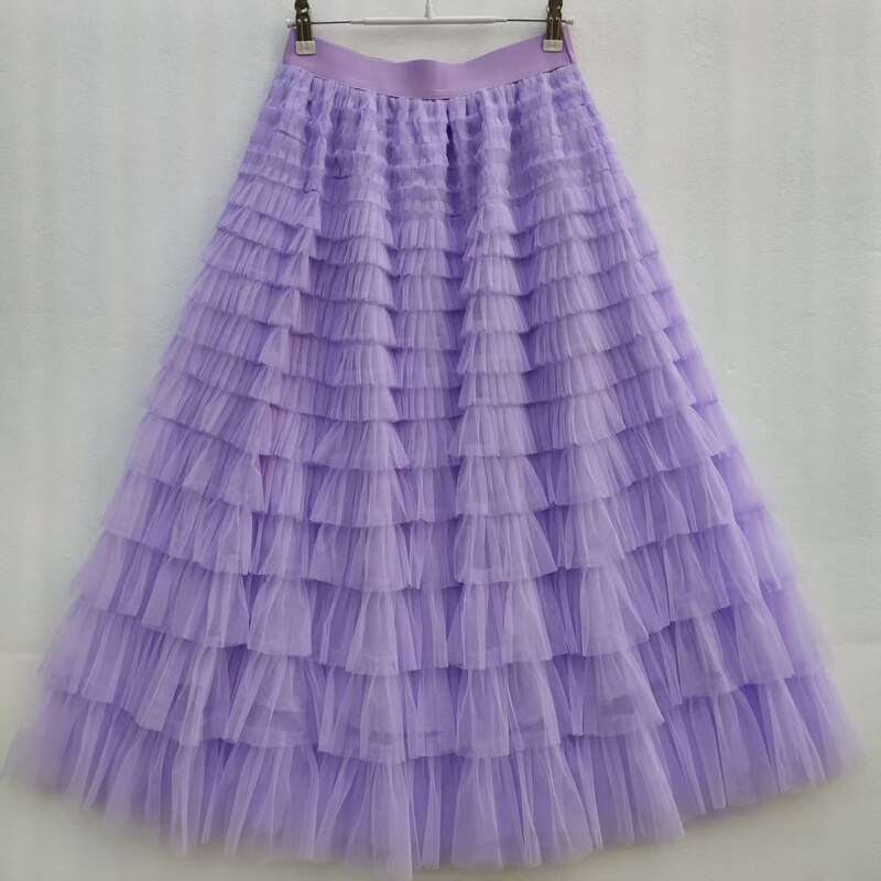 Sauze Skirt Women's Sweet Multi-Layer Cake Mesh Skirt light purple Elegant Elegant Elasticite Waist Princess A- Line Long Skirt