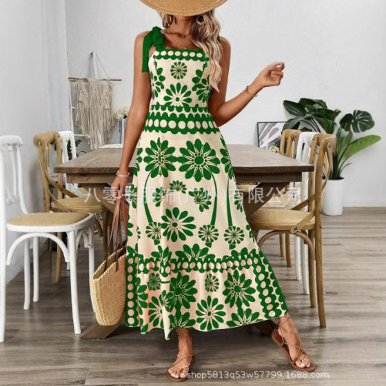 European and American Foreign Trade Women's Clothing Amazon Women's Bohemian Style dress Positioning Flower Shoulder Strap Long Dress Women