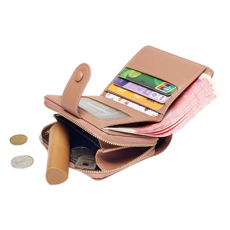 Cross-Border New Zipper Coin Purse Short Wallet Women's Fashion Pure Color Litchi Pattern Multi-Card Slot Wallet